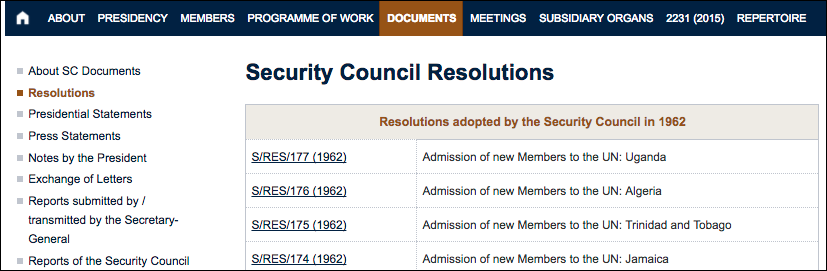Screenshot of the UNSC resolutions from 1962