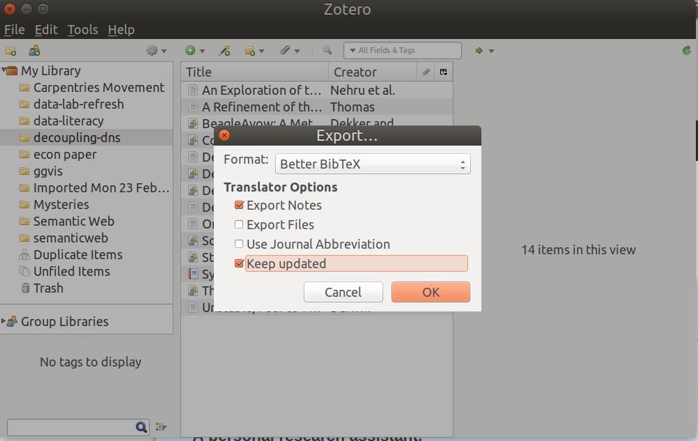 Screenshot of Zotero export