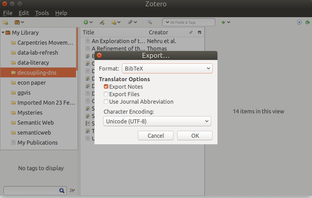 Screenshot of Zotero export